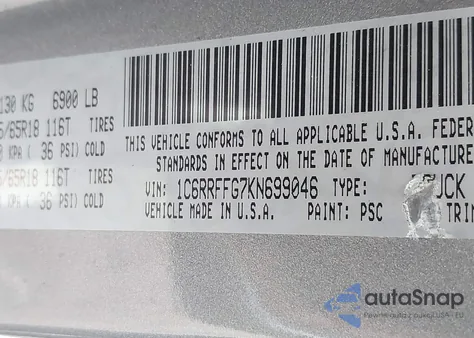 2019 Ram 1500 Big Horn/Lone Star 4X4 5'7 Box z USA, uszkodzony, nr VIN 1C6RRFFG7KN699046